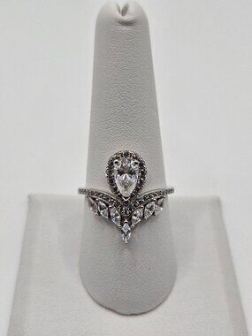 .925 Sterling Silver Moissanite 1ct Pear Tiara Crown Ring Size 9 Passes Tester